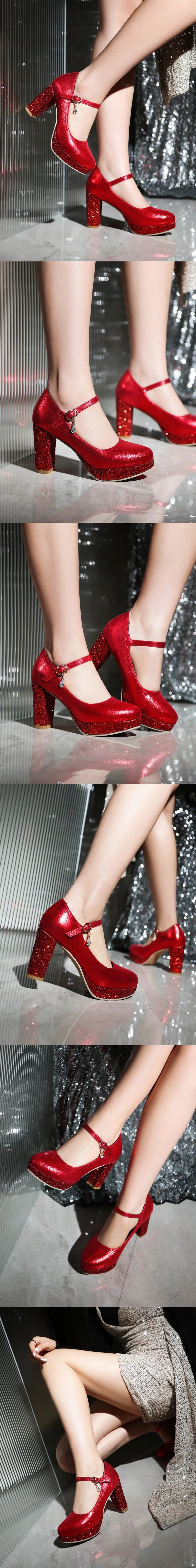 Plus Size 33-47 Metallic Gold High Heels Party Pumps Red Platform Heels Glitter Sequined 9cm Height Silver Wedding Shoes Women