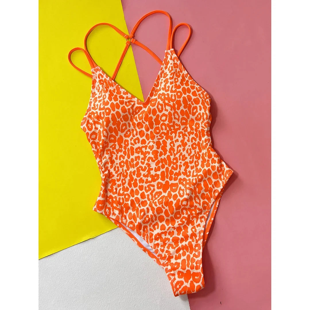 S - XL Sexy Leopard Printed V Neck Women Swimwear One Piece Swimsuit Female Backless High Leg Cut Bather Bathing Suit Swim V4808