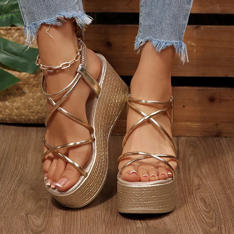 2026 New Chunky Platform Gladiator Sandals Women Gold Elastic Band Wedge High Heel Sandals Woman Plus Size 43 Summer Sandles