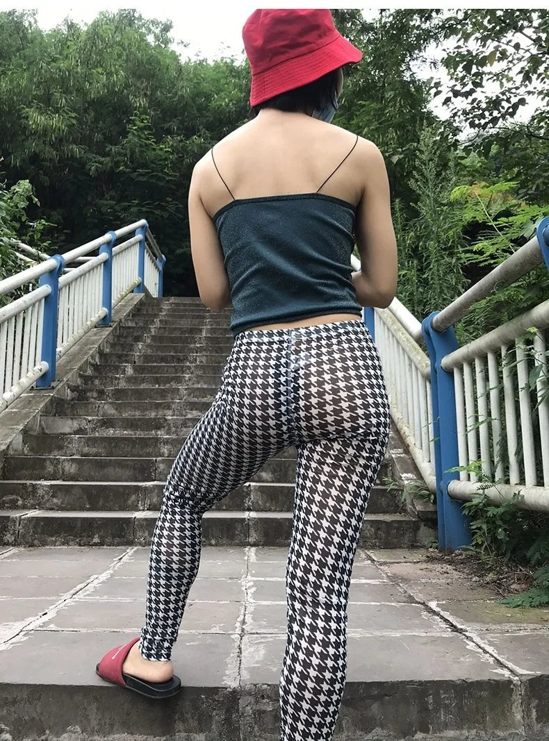 Sweet Sexy Bird Lattice Tight Pencil Leggings Thin Gauze High Waist Mesh Booty Lifting Mesh Lace Transparent Korean Casual PR8C