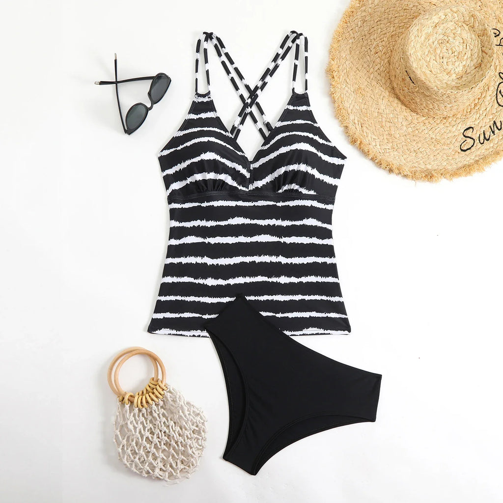 2026 Strappy Tankini Set Two Pieces Swimsuit Women Striped Swimwear Female Bathers Bathing Swimming Swim Suit Beachwear XXL