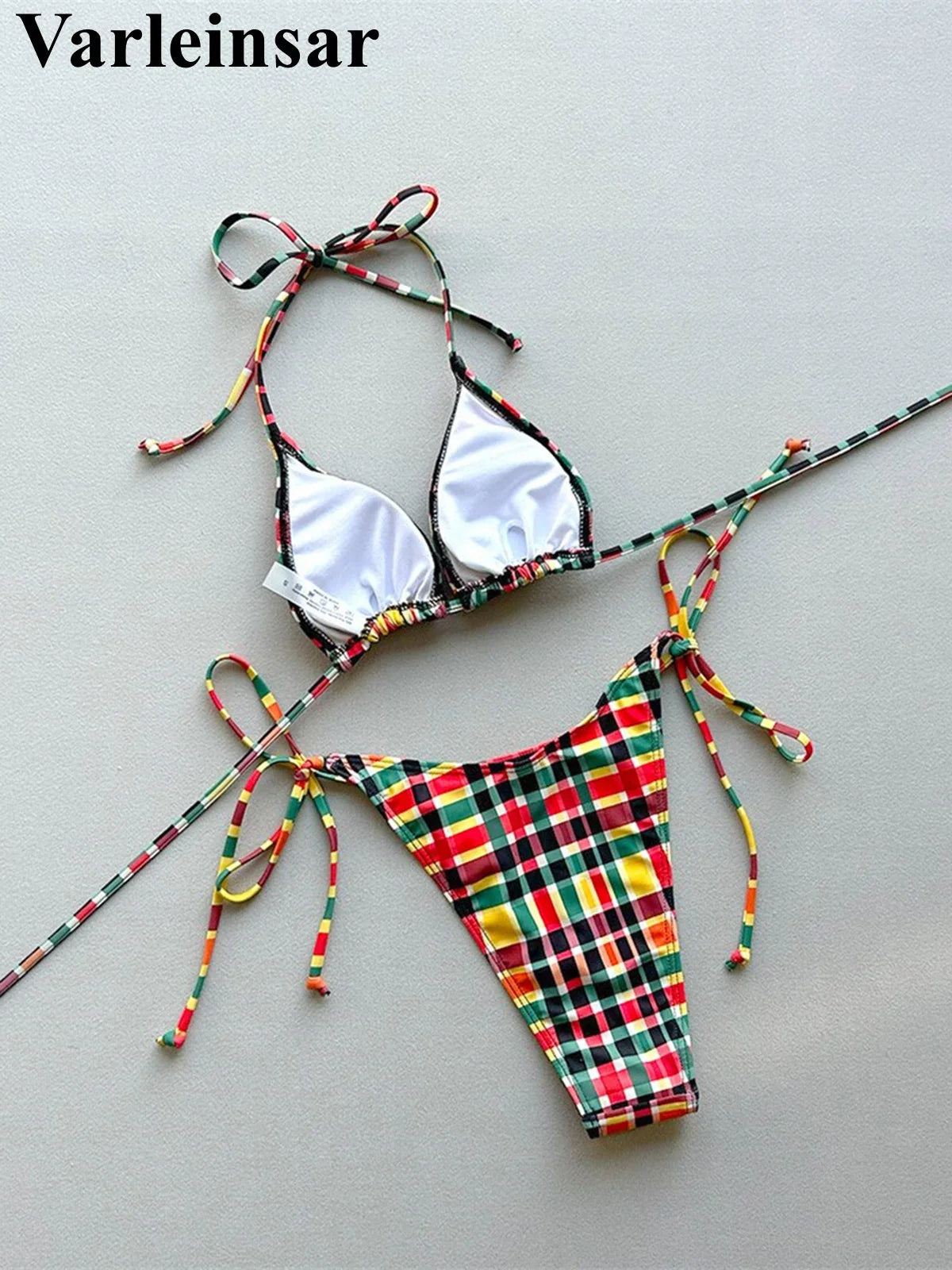 Sexy Plaid Halter Bikini Female Swimsuit Women Swimwear Two-pieces Bikini set High Leg Cut Padded Bather Bathing Suit Swim V7930