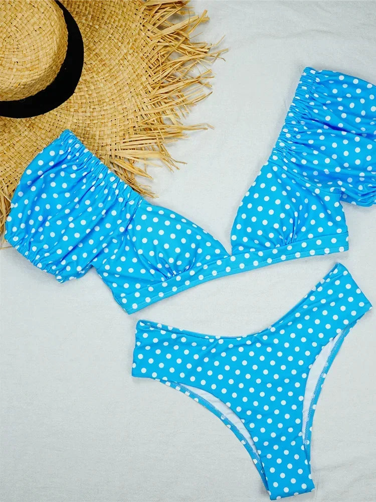 Sexy V Neck Short Sleeve Polka Dot Bikini Female Swimsuit Women Swimwear Two-pieces Bikini set Bather Bathing Suit Swim Lady