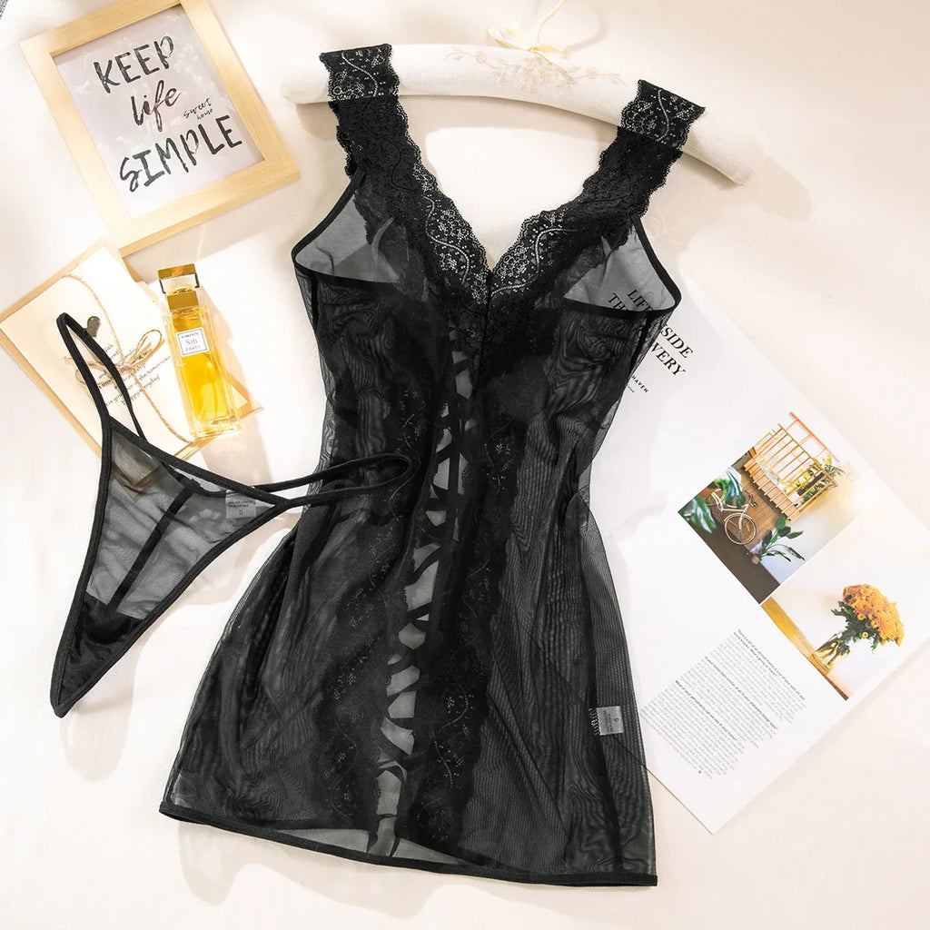 Toucheart 2PCS Lace See-through Hollow Out Sexy Interesting Thin Model Pajamas Panty Slim High Waisted Women Sexy Pajamas Set