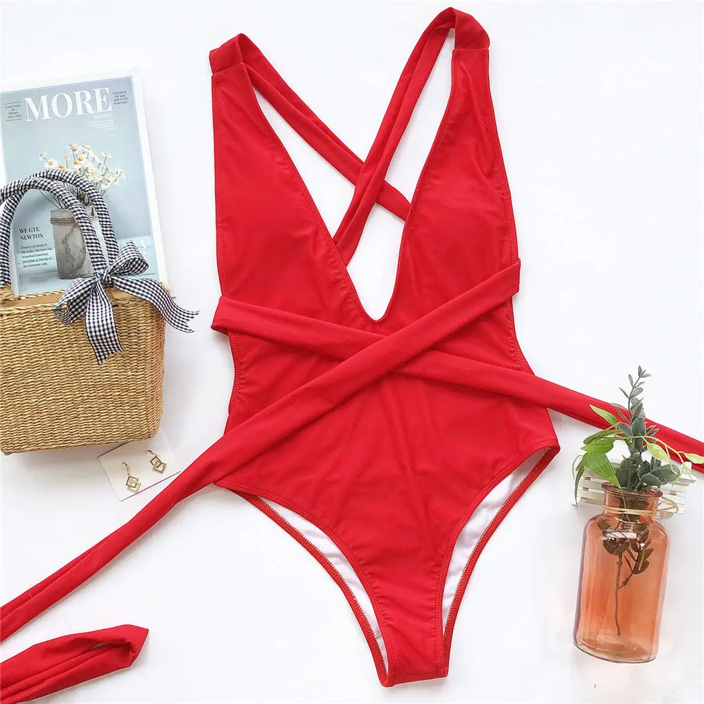 New Sexy Long Wrap Around Deep V One Piece Swimsuit Women Swimwear Female High Cut Monokini Bather Bathing Suit Swim Lady V1639B