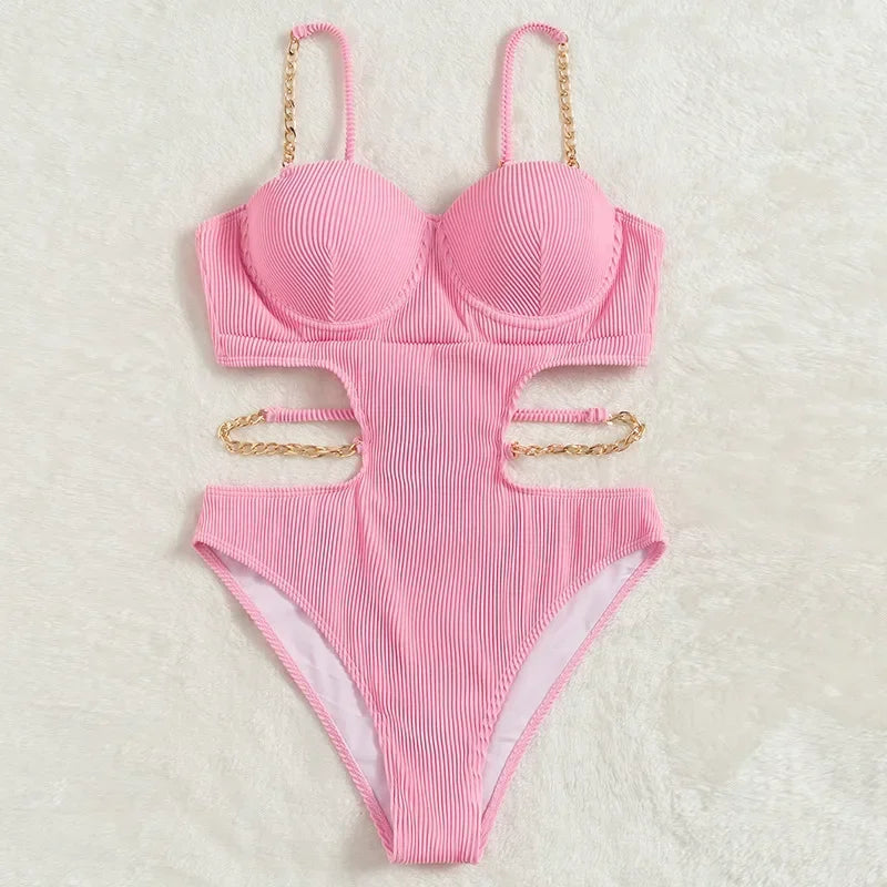 Sexy Push Up Underwire One Piece Swimsuit Women Solid Pink Metal Chain Hollow Out Ribbed Bathing Suit Backless Swimwear Monokini