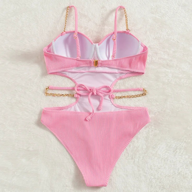 Sexy Push Up Underwire One Piece Swimsuit Women Solid Pink Metal Chain Hollow Out Ribbed Bathing Suit Backless Swimwear Monokini