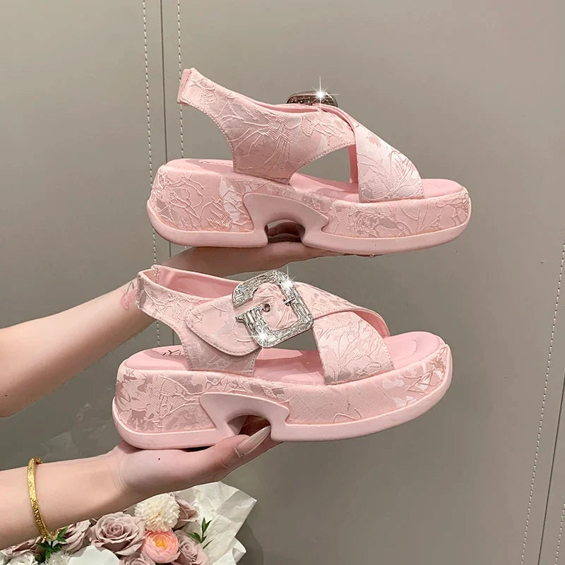 Fashion Crystal Buckle Platform Sandals Women Pink Embroidery Thick Heels Sandalias Mujer Comfortable Heightened Rome Sandals