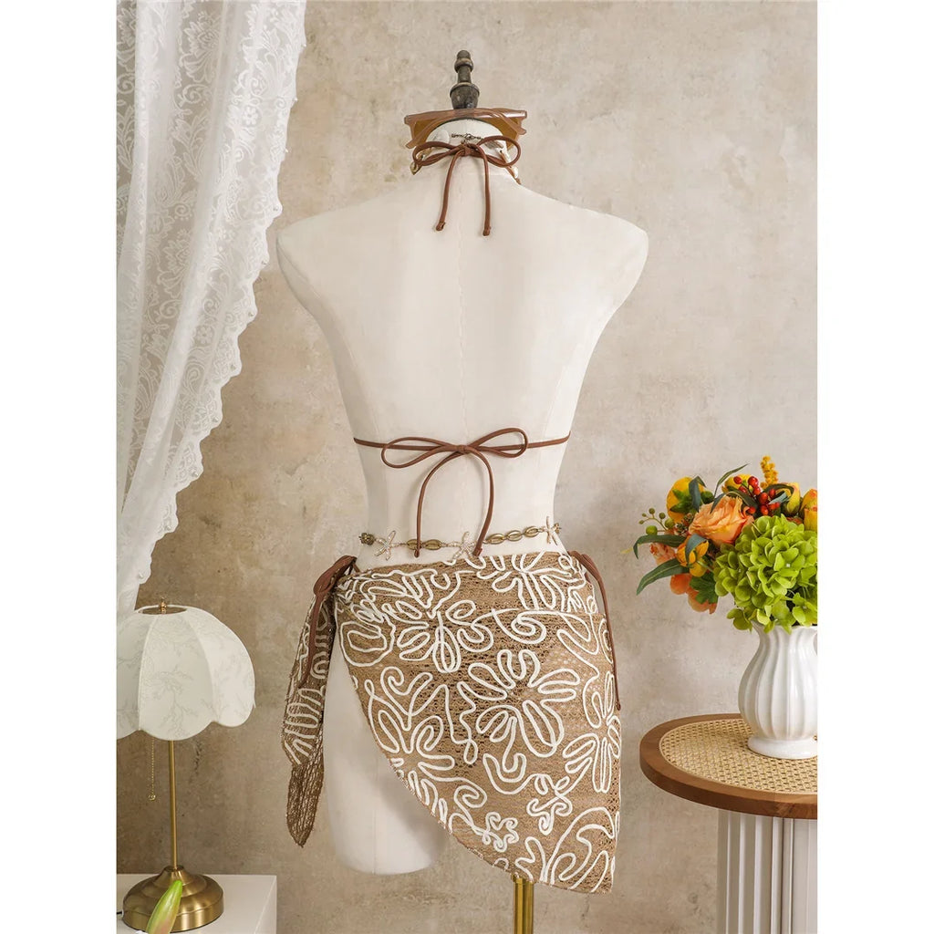 With Sarong Halter Printed Bikini Women Swimwear Female Swimsuit Padded Bather Bathing Suit Swim Three-pieces Bikini set K8073