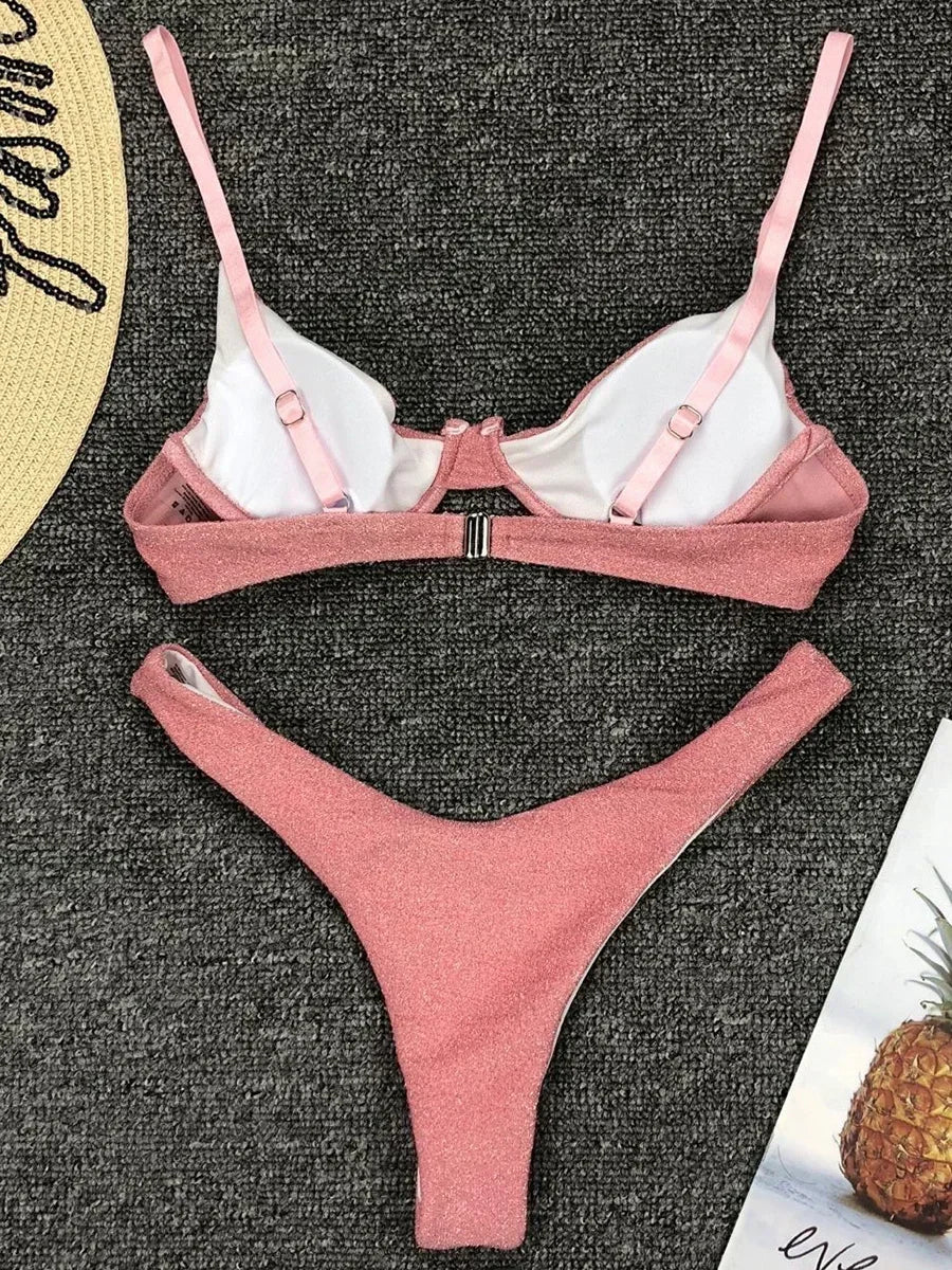 Glitter Shiny Underwired V-Bar Bikini Women Swimsuit Female Brazilian Swimwear Two-piece Bikini Set Triangle Bathing Suit Swim