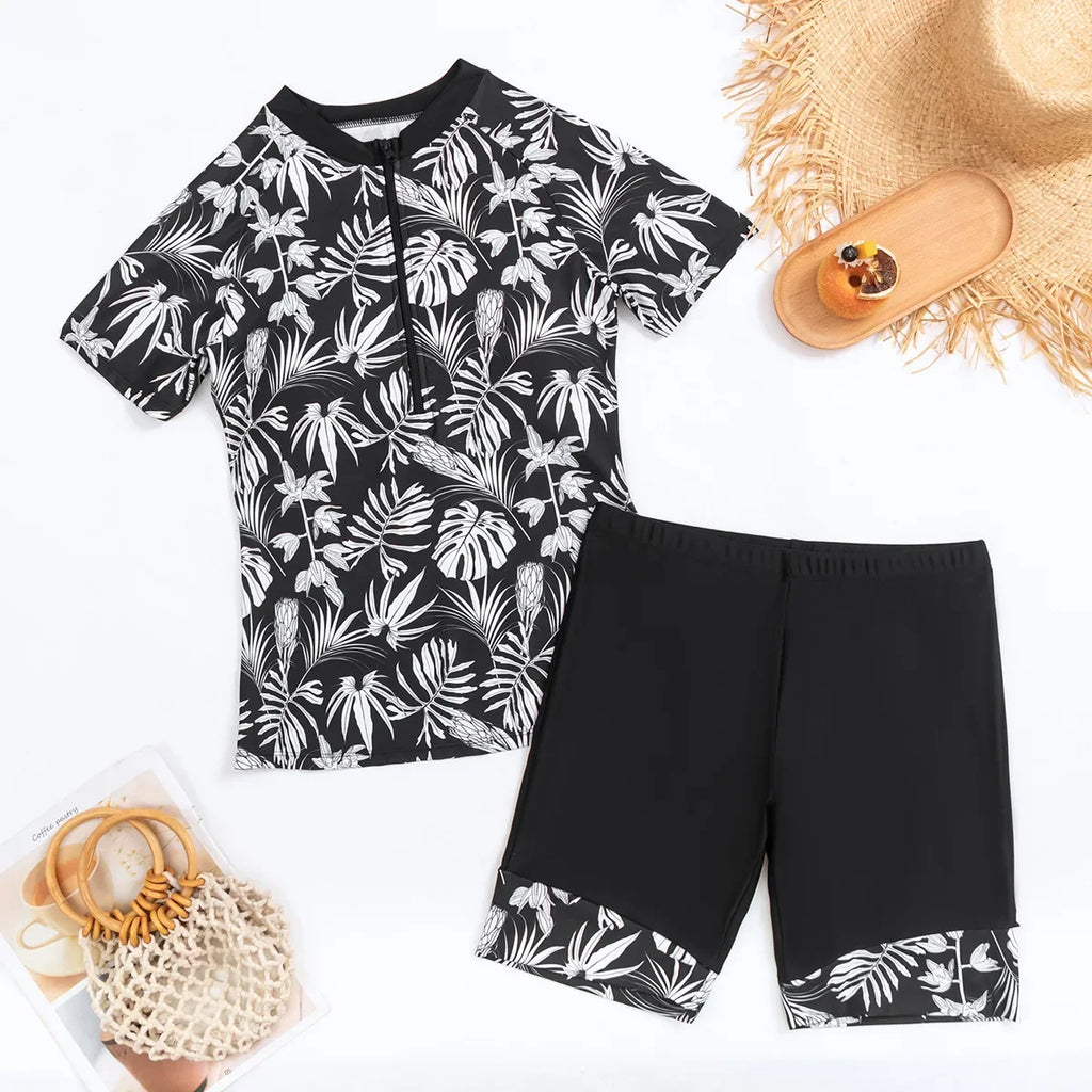 2026 Summer New Women Two-Piece Surfing Suit,fashion Leaf Print Conservative Tankini,Short-sleeve Zipper Swimsuit,beach Swimwear