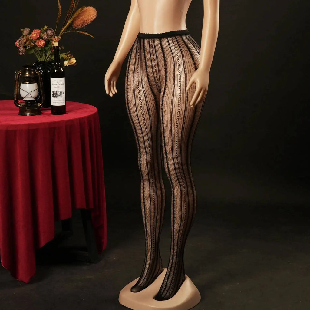 Knitted Seamless Fishnet Pantyhose Jacquard Lace Sexy Vertical Stripe Fishnet Stockings Transparent Pure Desire Elegant W0NL