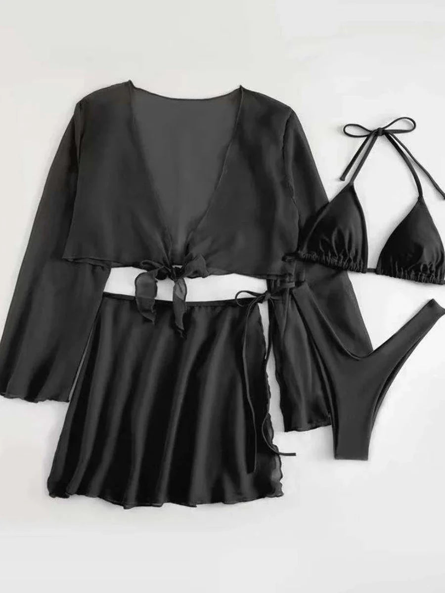 4 Pieces Thong Bikini 2026 Women With Top and Dress Black Swimwear Female Halter Swimsuit Beachwear Bathing Swimming Suit Summer