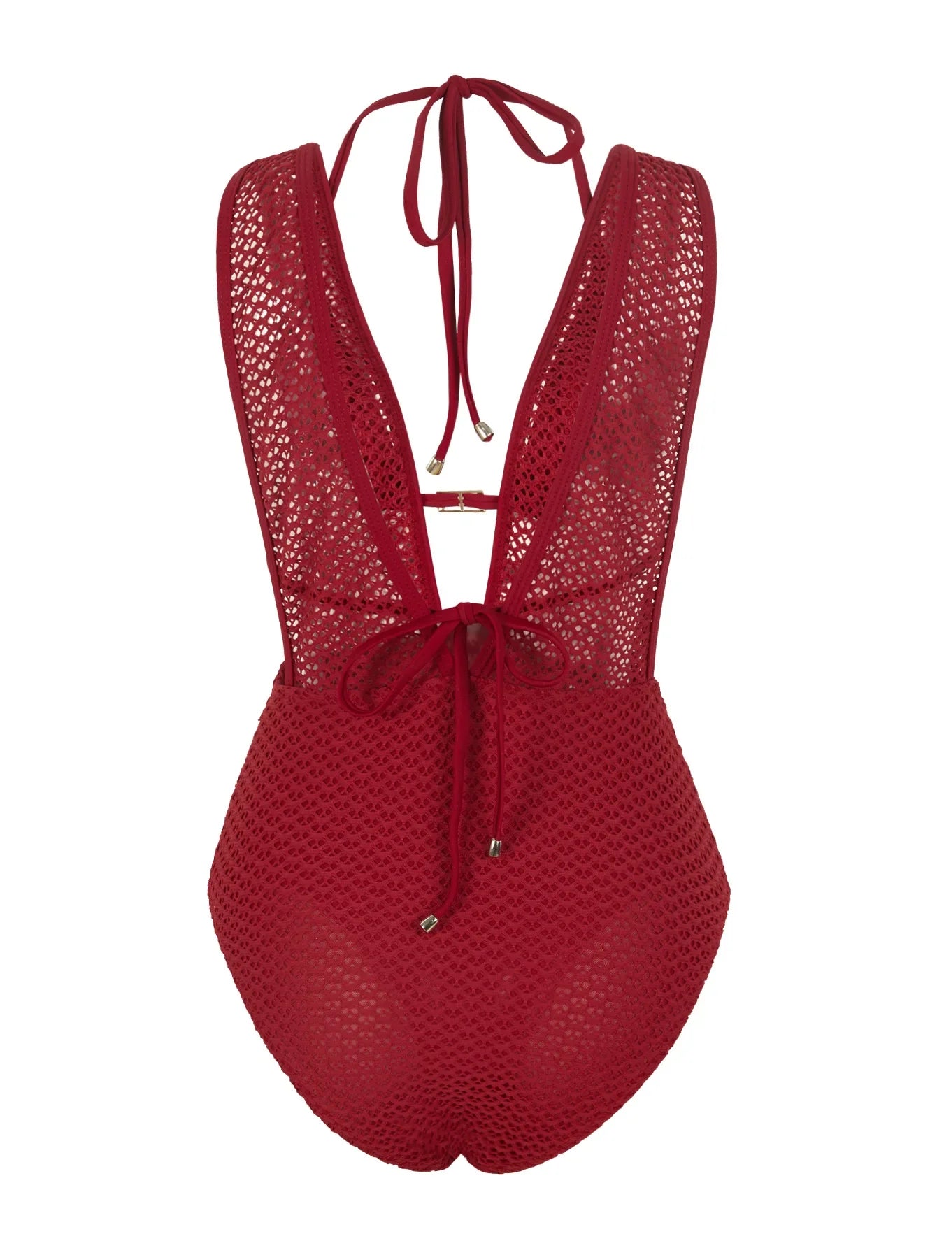 S - XL Deep V Neck Knit Fishnet Mesh One Piece Swimsuit Women Swimwear Female Backless Monokini High Leg Cut Bathing Suit Swim