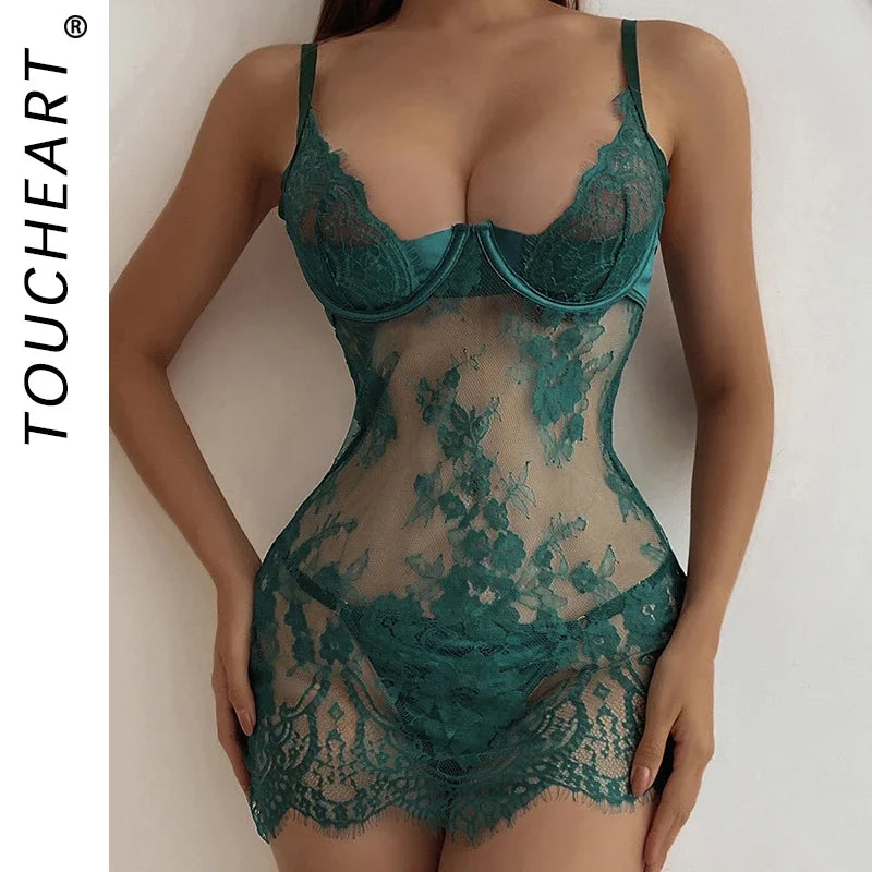 Toucheart Sexy Lingerie Lace Patchwork Mesh See-through Jumpsuit Sexy Suspender Push-up Body Shaping Separates Nightgown Suit
