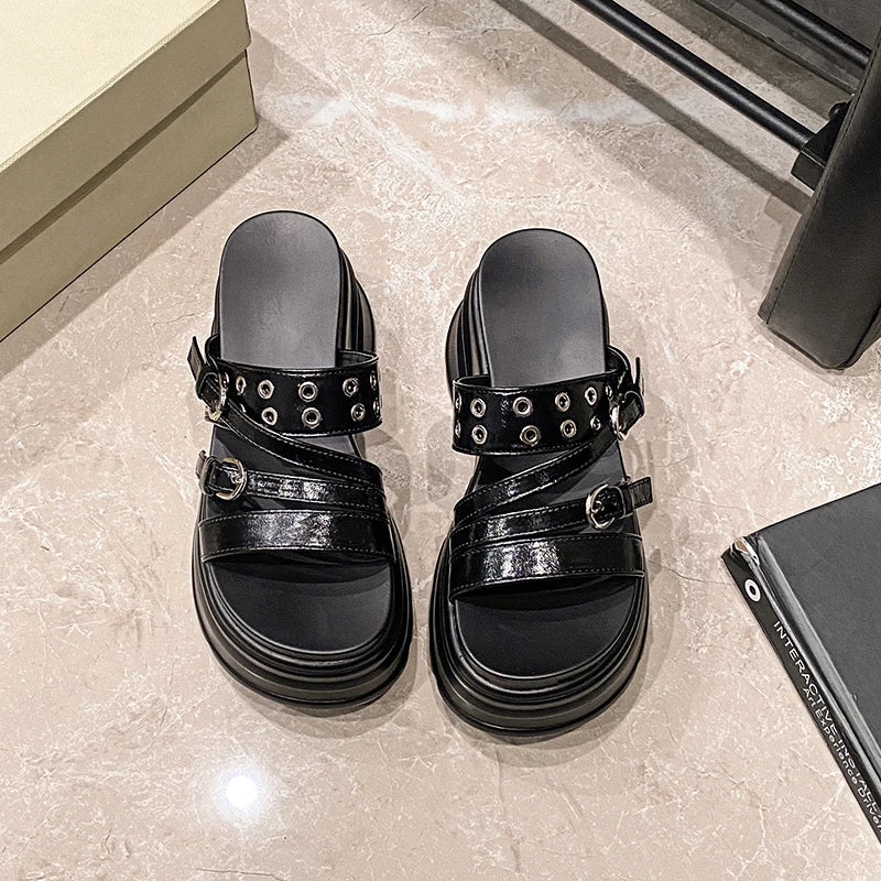 Summer Silver Chunky Platform Sandals Women Fashion Buckle Thick Bottom Slippers Woman Punk Wedges High Heels Sandalias Mujer