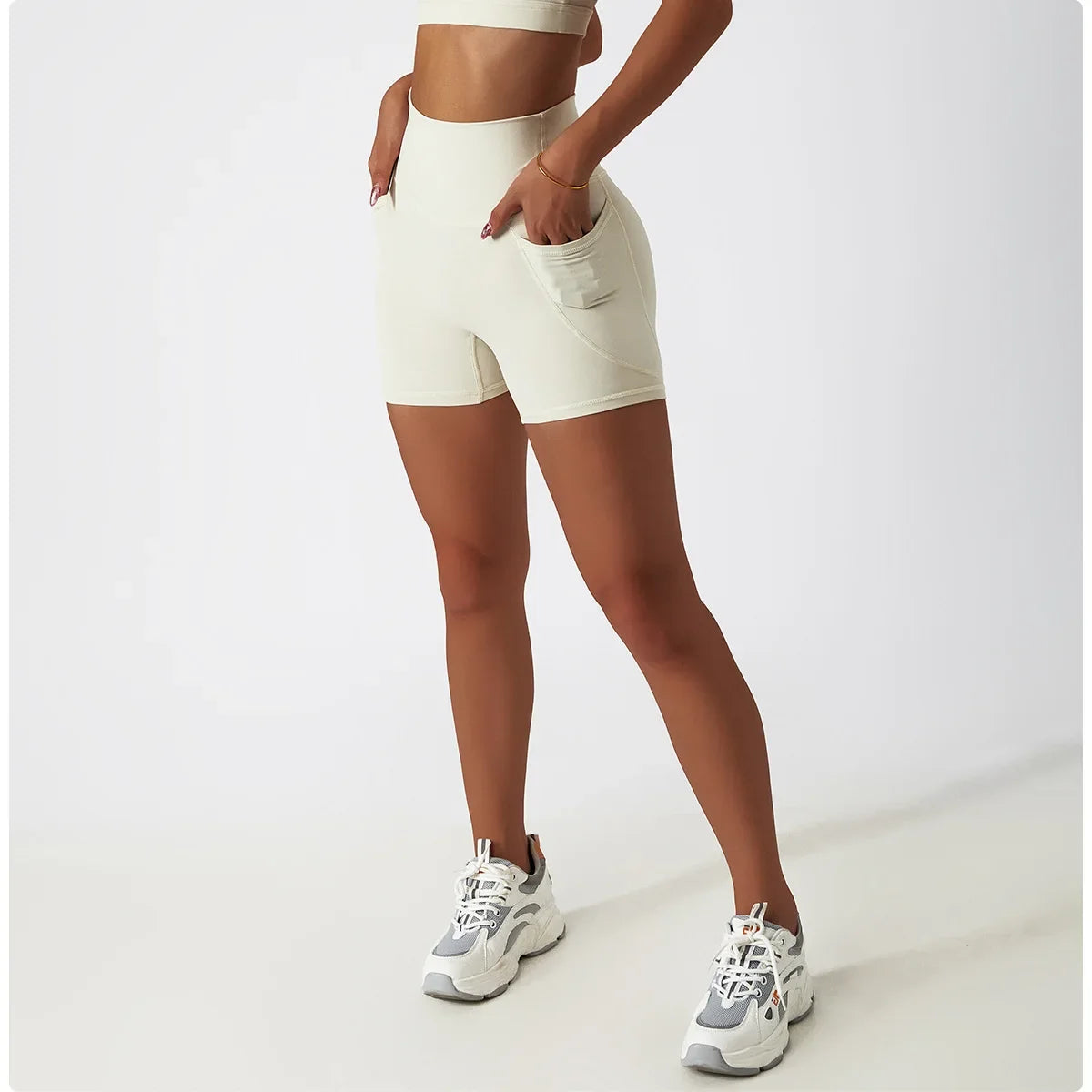 Comfortable Skin Friendly Summer High Waist Yoga Shorts Gym Hip Lift Pants Pocket Breathable Running Cycling Sports Shorts Women