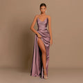 Elegant Strapless Solid Evening Gown Chic Satin Corset Dress for Women V-neck Split Blue Long Dress Lady Summer Party Dress up