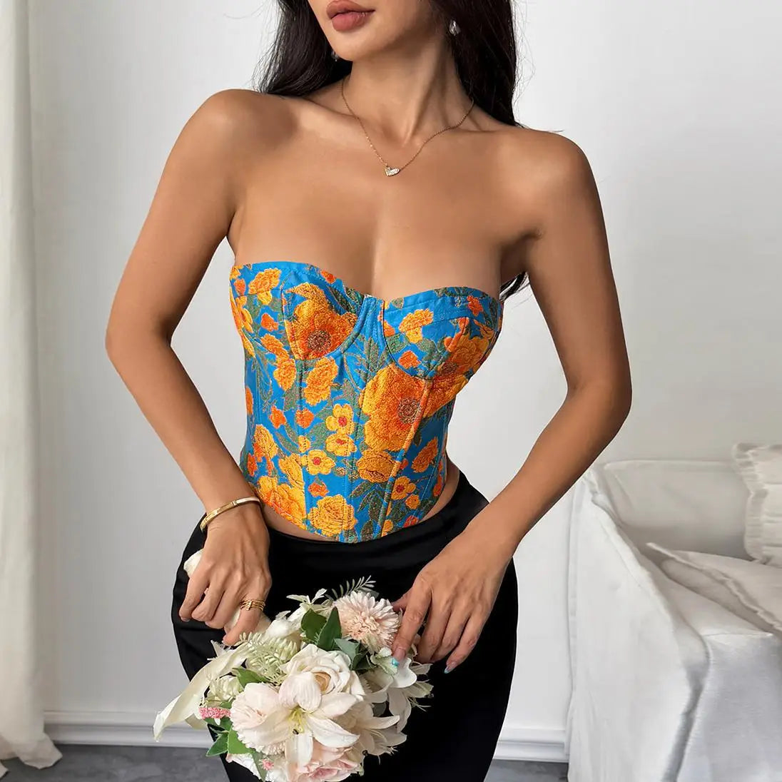 French Retro Jacquard Oil Sunflower Painting Vest Tank Top Women Off Shoulder Slim Fishbone Corset Back Criss Cross Club Tops