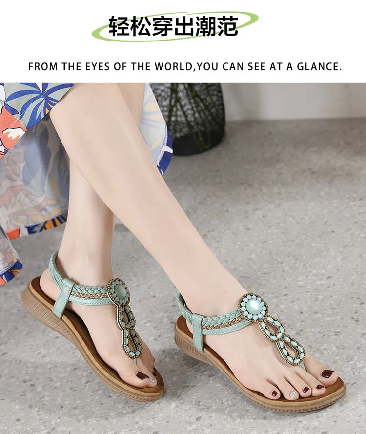 2026 New Shoes for Women Bohemia Crystal Sandals Women Shoes Rhinestone Lady Flip Flops Pearl Slip on Flat Beach Shoes