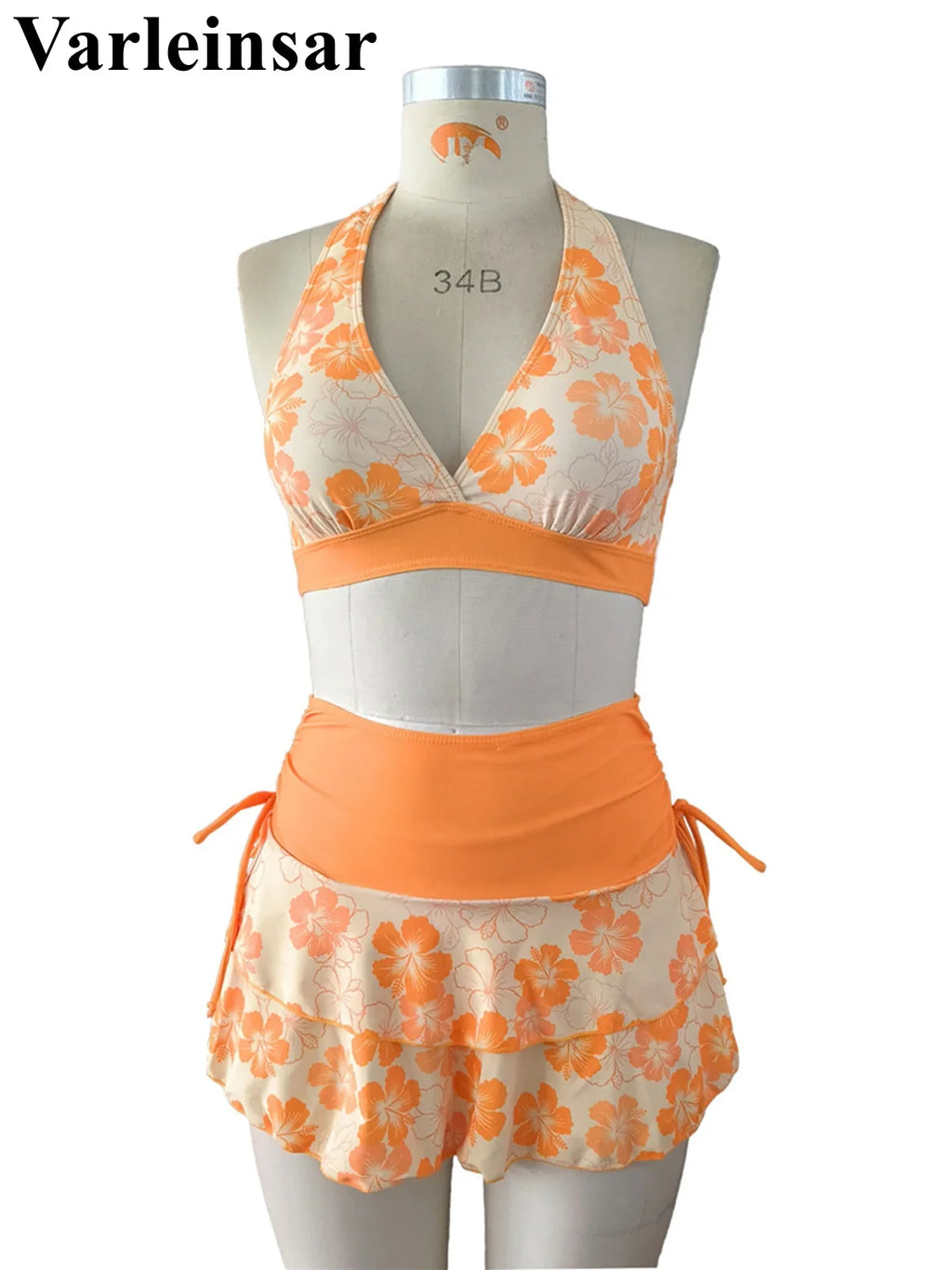S - XL With Skirt Printed Halter Bikini Female Swimsuit Women Swimwear Three-Pieces Bikini Set Bather Bathing Suit Swim V8230