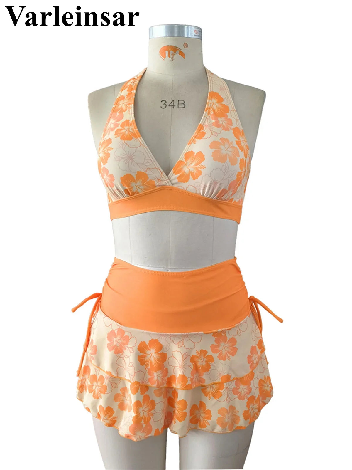 S - XL With Skirt Printed Halter Bikini Female Swimsuit Women Swimwear Three-Pieces Bikini Set Bather Bathing Suit Swim V8230