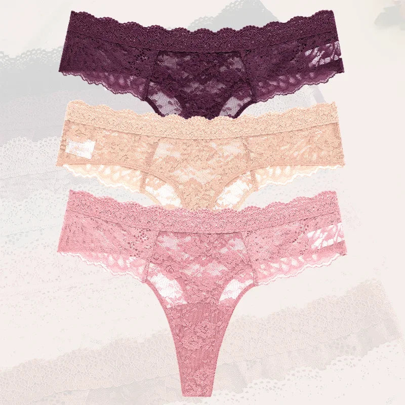 3Pcs Lace Sexy Thongs Women Low-Rise Briefs Sexy Soft Ladies Underwear Trendy Floral Underpants Female Flowery Panty Lingerie