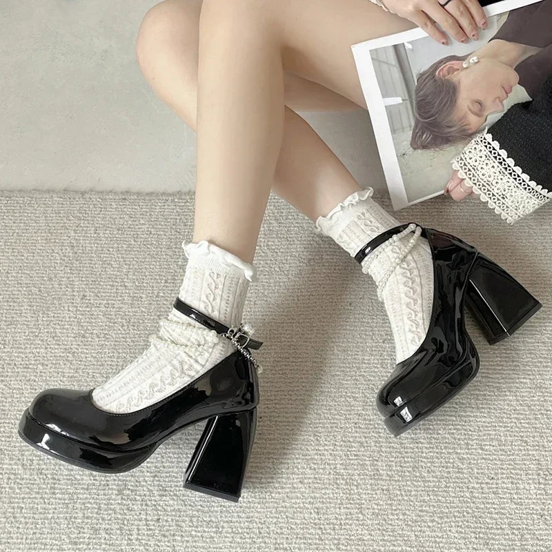 10cm Super High Heels Mary Jane Shoes Women Fashion Patent Leather Platform Pumps Woman Pearls Chain Ankle Strap Party Shoes
