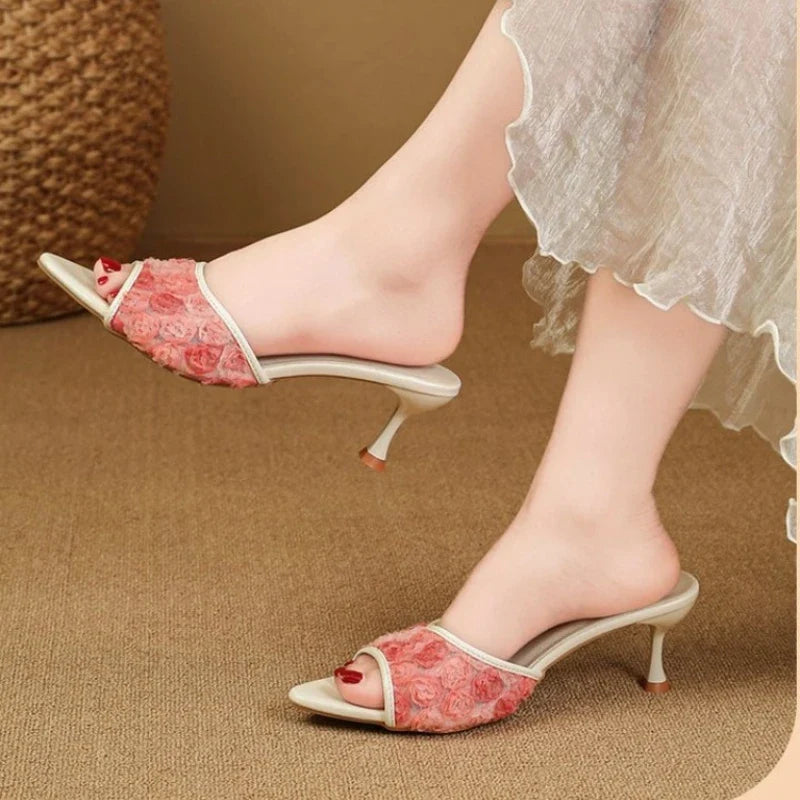 Pink Fashion High Heels Sandal Slides For Women Sexy Pointed Toe Slippers Elegant Ladies Heels Shoes