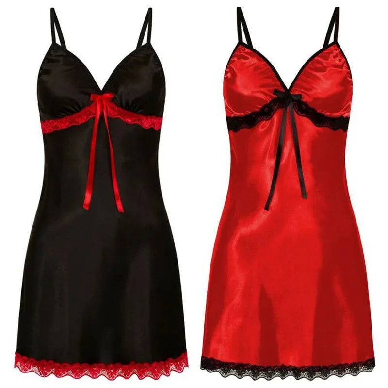 Lace Silk Satin Nightdress Women Sleepwear Lingerie Sleeveless Straps Mini Dress with Panties Nighties Nightgown