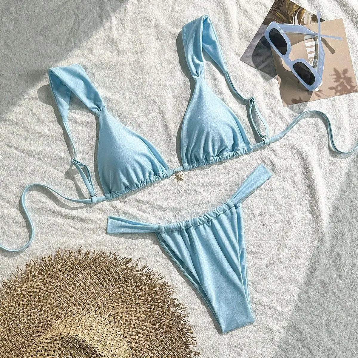Sexy Starfish Ornament Bikini Set 2026 Women Sky Blue Pleate Push Up Bra Pleate Thong Swimwear Beach Bathing Suit Micro Swimsuit
