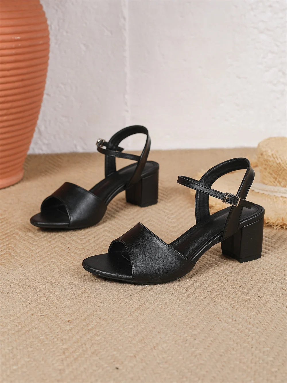 Size 42 Summer Classic Black White Ankle Strap Sandals for Women Elegant Blue Pink Square Heels Office Lady Shoes