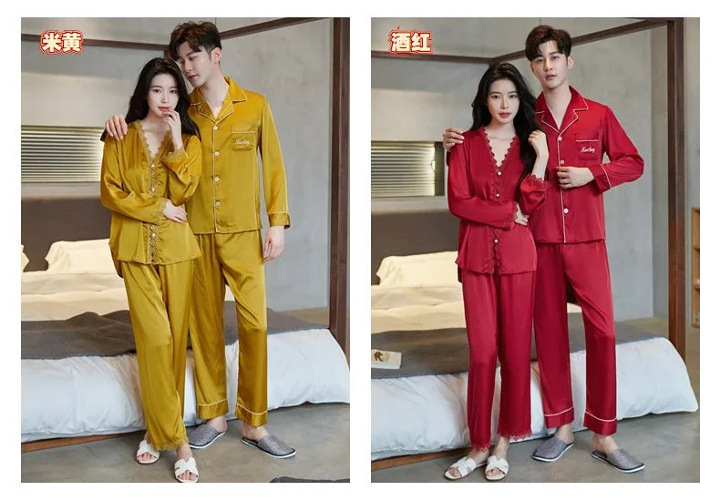 Spring and summer ice silk pajamas sexy lace long-sleeved cardigan home wear set