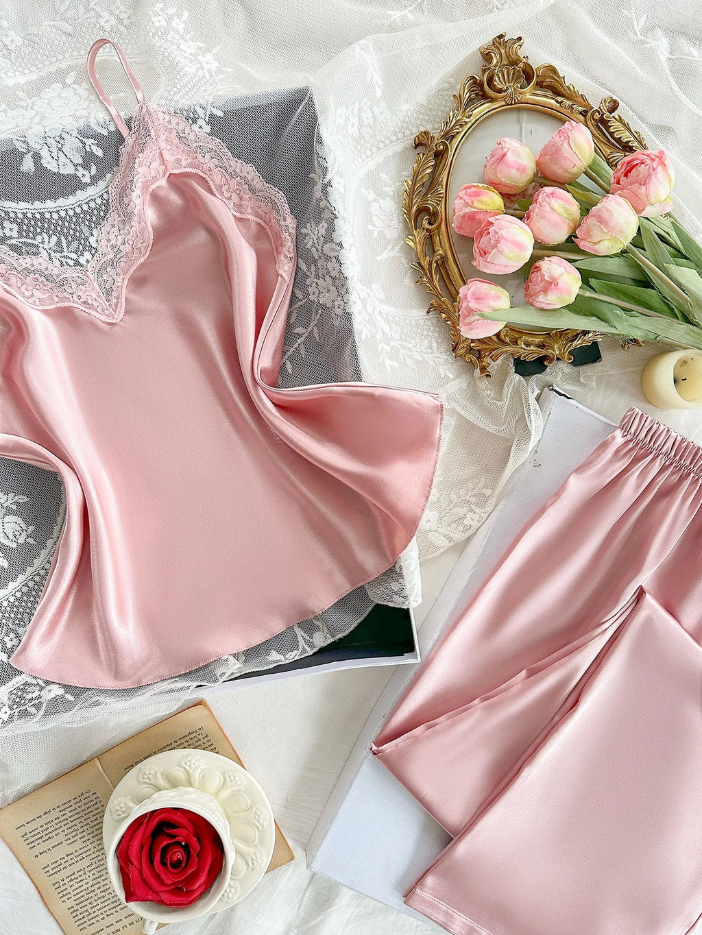 Two Piece Women's Pajamas Set with V Neck Lace Design Top Long Pants Fashionable And Comfortable For Spring And Summer Seasons