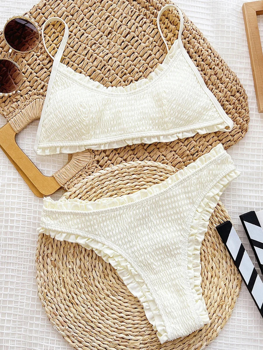 Frilled Ruffled Wrinkled Pleated Bikini Women Swimwear Female Swimsuit Two-pieces Bikini Set White Bather Bathing Suit Swim Lady
