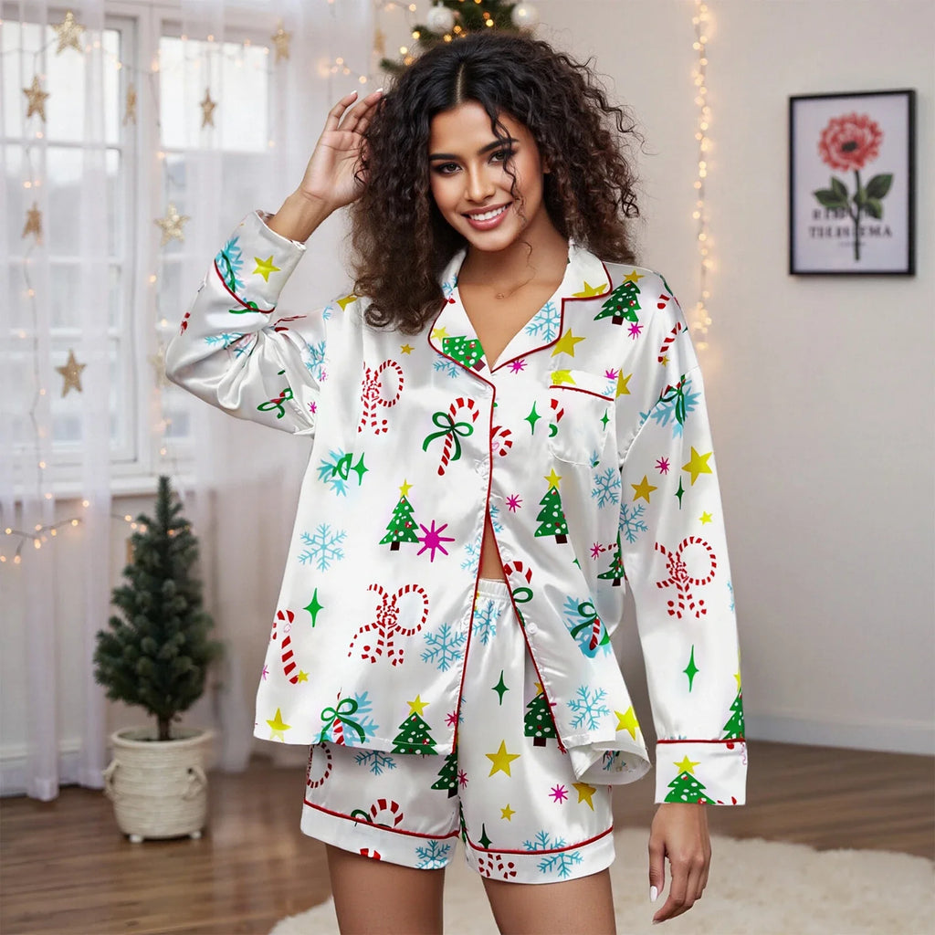 Women's Christmas Satin Pajama Set Long Sleeve Lapel Santa Claus/Christmas Tree Print Shirt Shorts Two Pieces Sleepwear