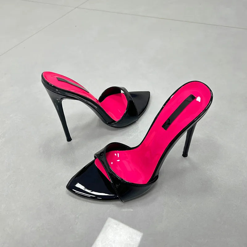 Patchwork Stiletto Heel Slippers Newest Pointed Open Toe One Strap Thin Heel Slip-on Sandals Sexy Big Size Dress Heels 12cm