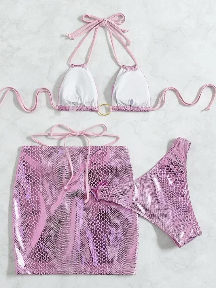 3PCS with Skirt Shiny Snake Skin Bikini Women Swimwear Female Swimsuit Three-pieces Bikini Set Halter Bathing Suit Beach Wear