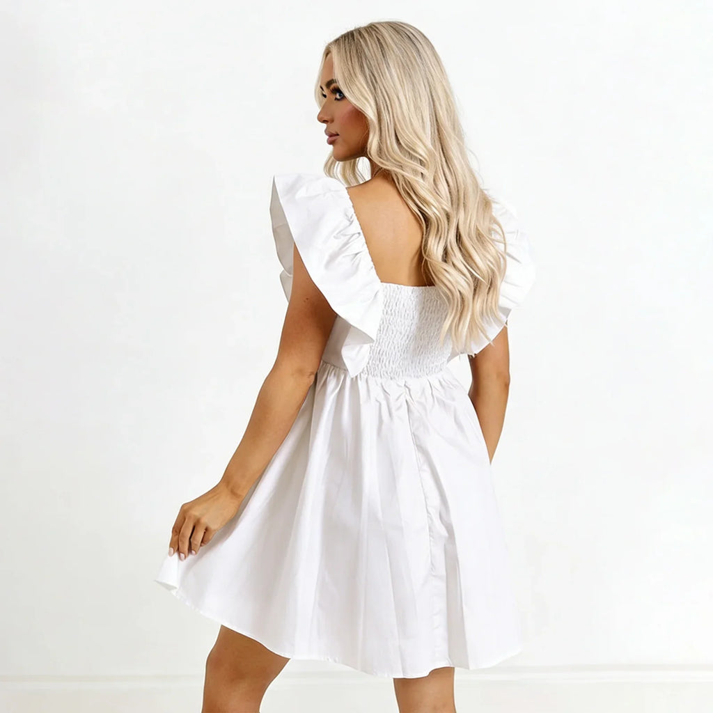 Women Summer Solid Color A-Line Dress Casual Sweetheart V-Neck Flutter Sleeves Mini Dresses for Beach Party Club
