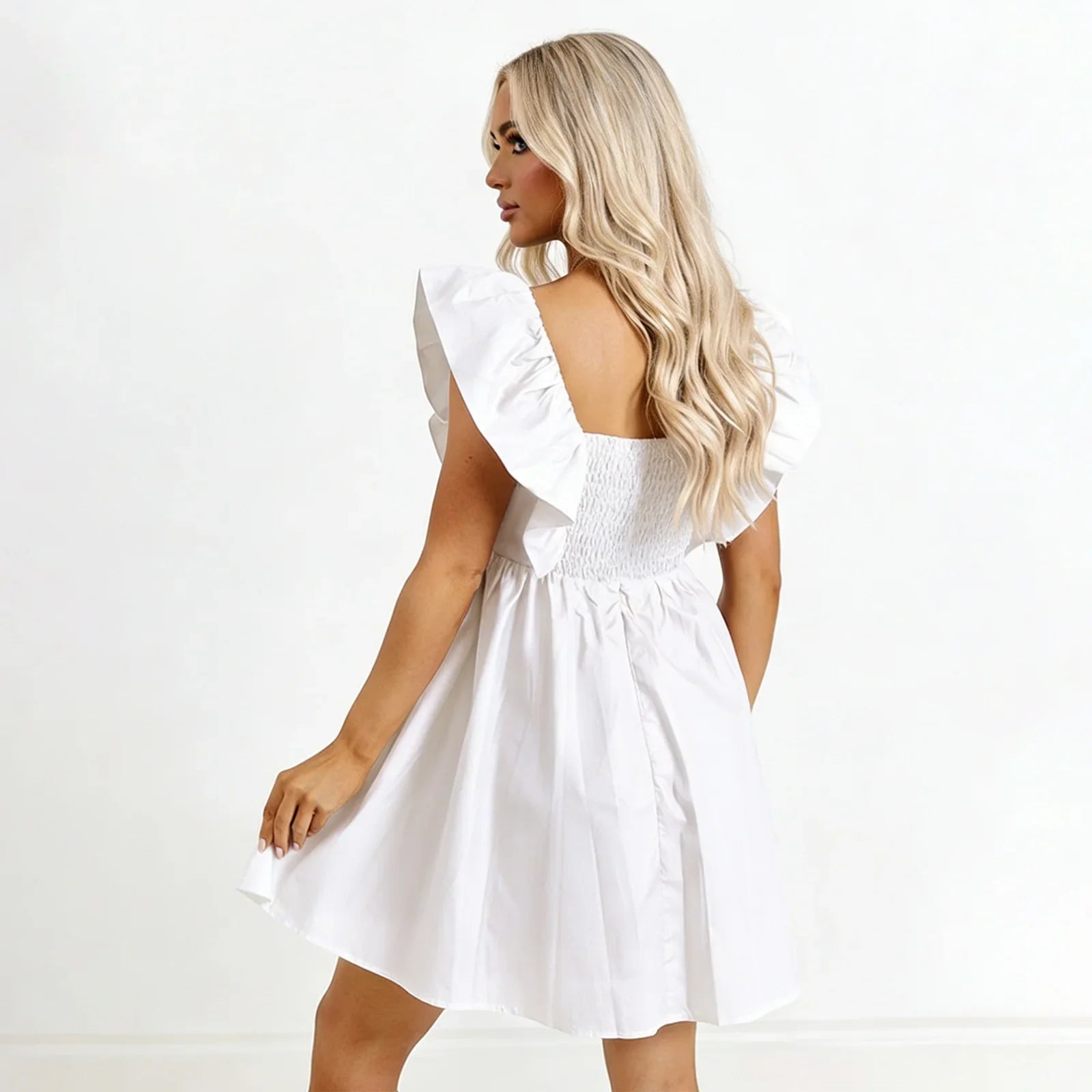 Women Summer Solid Color A-Line Dress Casual Sweetheart V-Neck Flutter Sleeves Mini Dresses for Beach Party Club