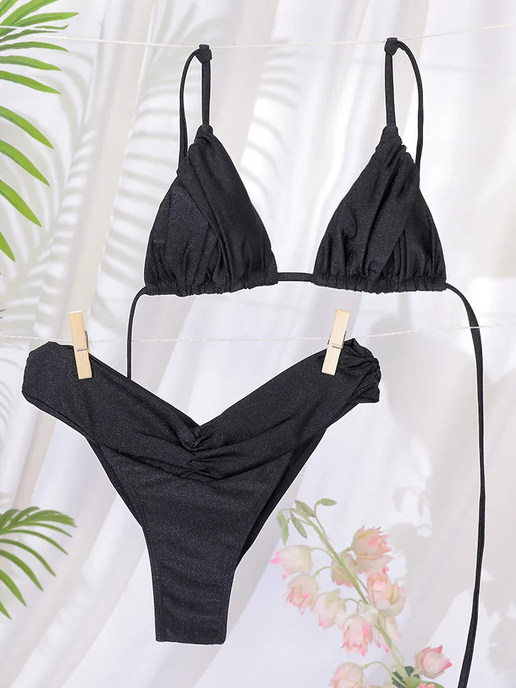 Miyouj Glitter Fabric Bikinis 2026 Sexy Bikini Set Folds Swimsuit Female Halter Bathing Suit Women Swimwear New Beachwear