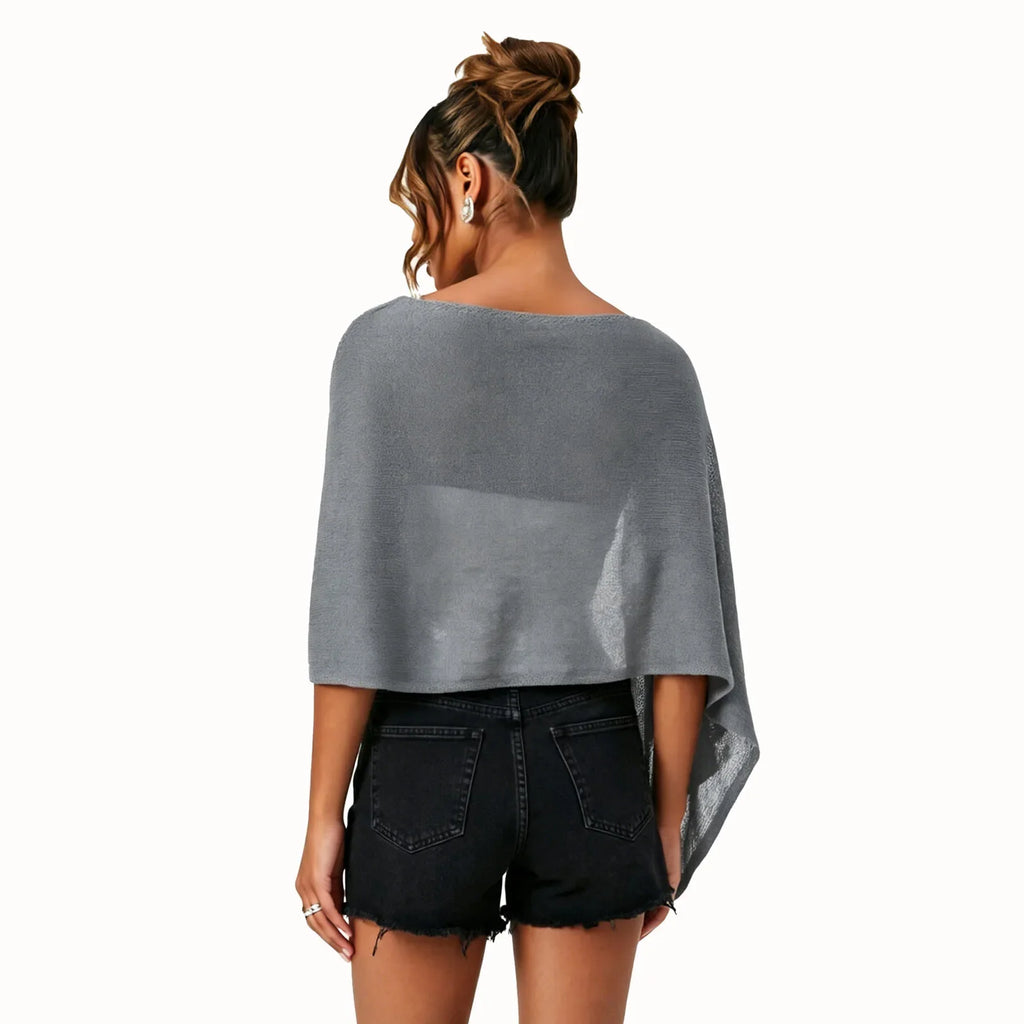 Womens Shawl Tops Lightweight Stylish Solid Color Irregular Hem Boat Neck Loose Fit Sheer Poncho Blouse Summer Knit Cover-ups