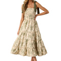 Women's Summer Floral Print Dresses Stylish Ruffled Trim Smocked Sleeveless Tie-Shoulder A-Line Dress