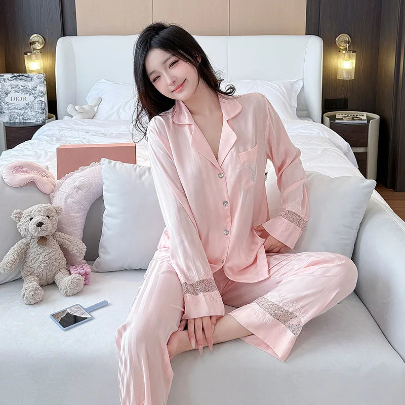 Lace splicing light luxury pajamas for women long-sleeved ice silk silk early spring comfortable home wear set