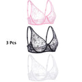 3 Pcs Womens Lace Bra Underwire BH Hollow Out Embroidery Perspective Sexy Underwear Lingerie Tops Plus Size Brassiere