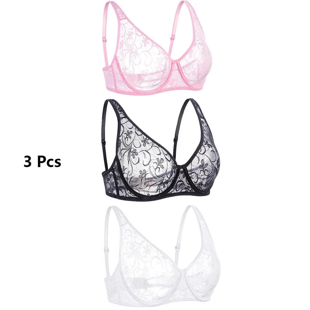 3 Pcs Womens Lace Bra Underwire BH Hollow Out Embroidery Perspective Sexy Underwear Lingerie Tops Plus Size Brassiere