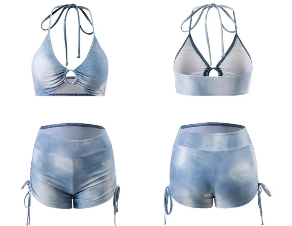 Swimsuit Women's Blue Tie Dye Split Bikini Cover, Sexy Women's Hot Spring Swimsuit Three Piece Set