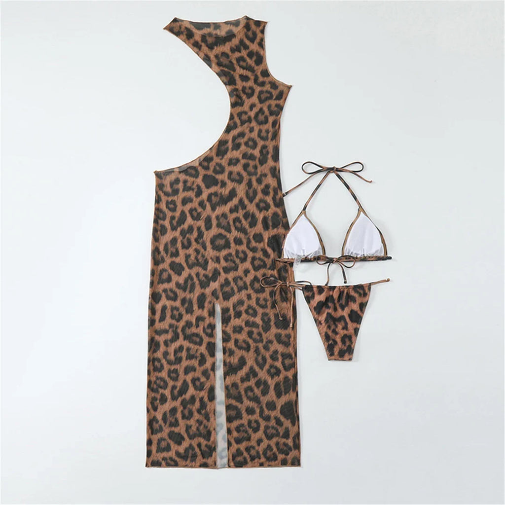 XS - XL Halter Leopard With Cover Up Bikini Women Swimwear Female Swimsuit Three-piece Bikini Set Bather Bathing Suit Swim V5452