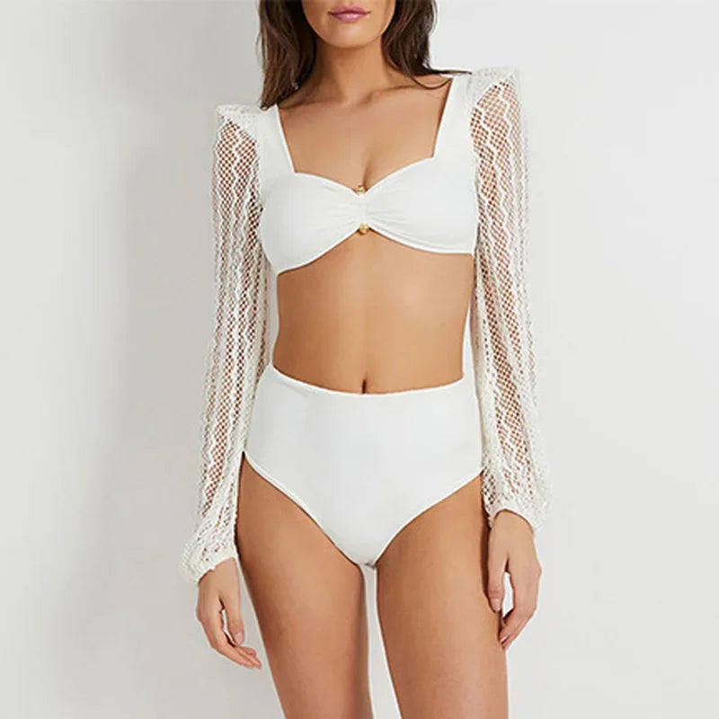 Two-Piece Swimwear Swimsuit Women Push Up Sexy Hollow Long Sleeves High Waist Bowknot Backless White Bikinis Set Bathing Suit
