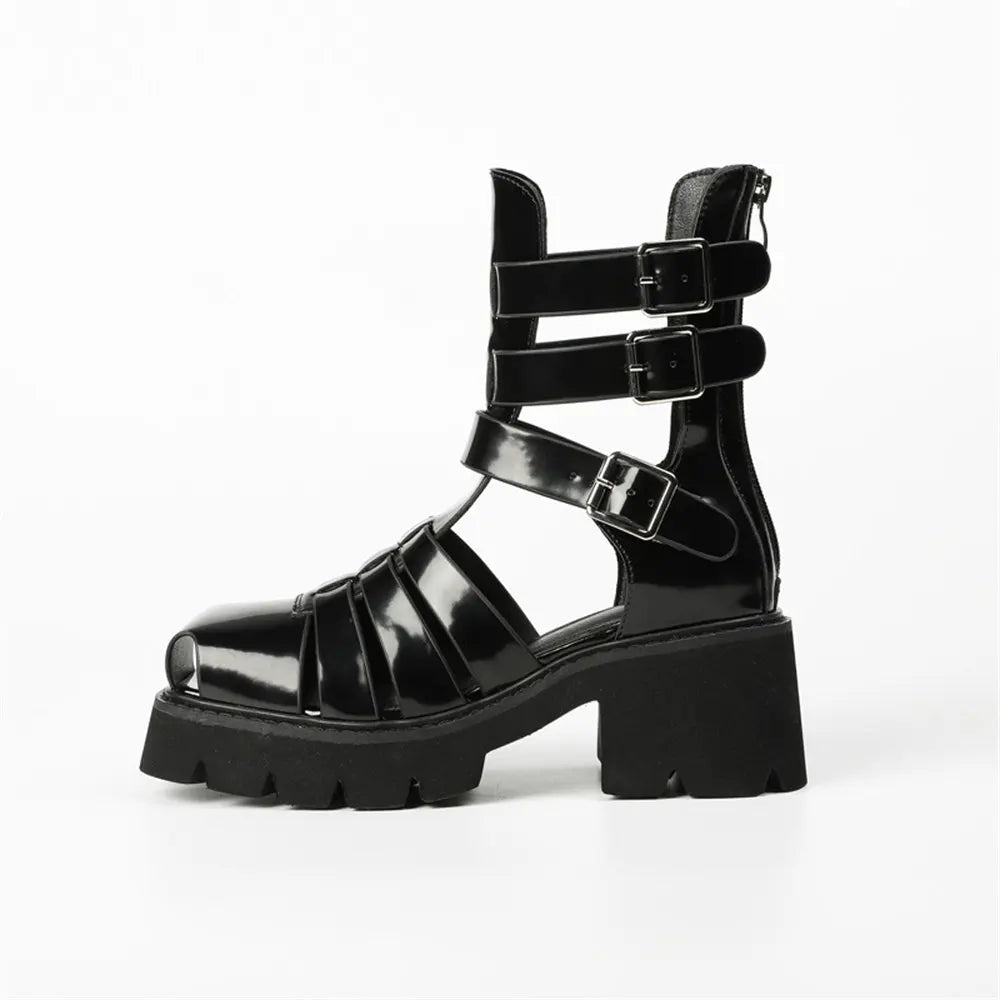 2025 Brand Fashion Women's Black Summer Gladiator Sandals Fashion Leisure Square Heels Casual Platform Shoes Big Size 43